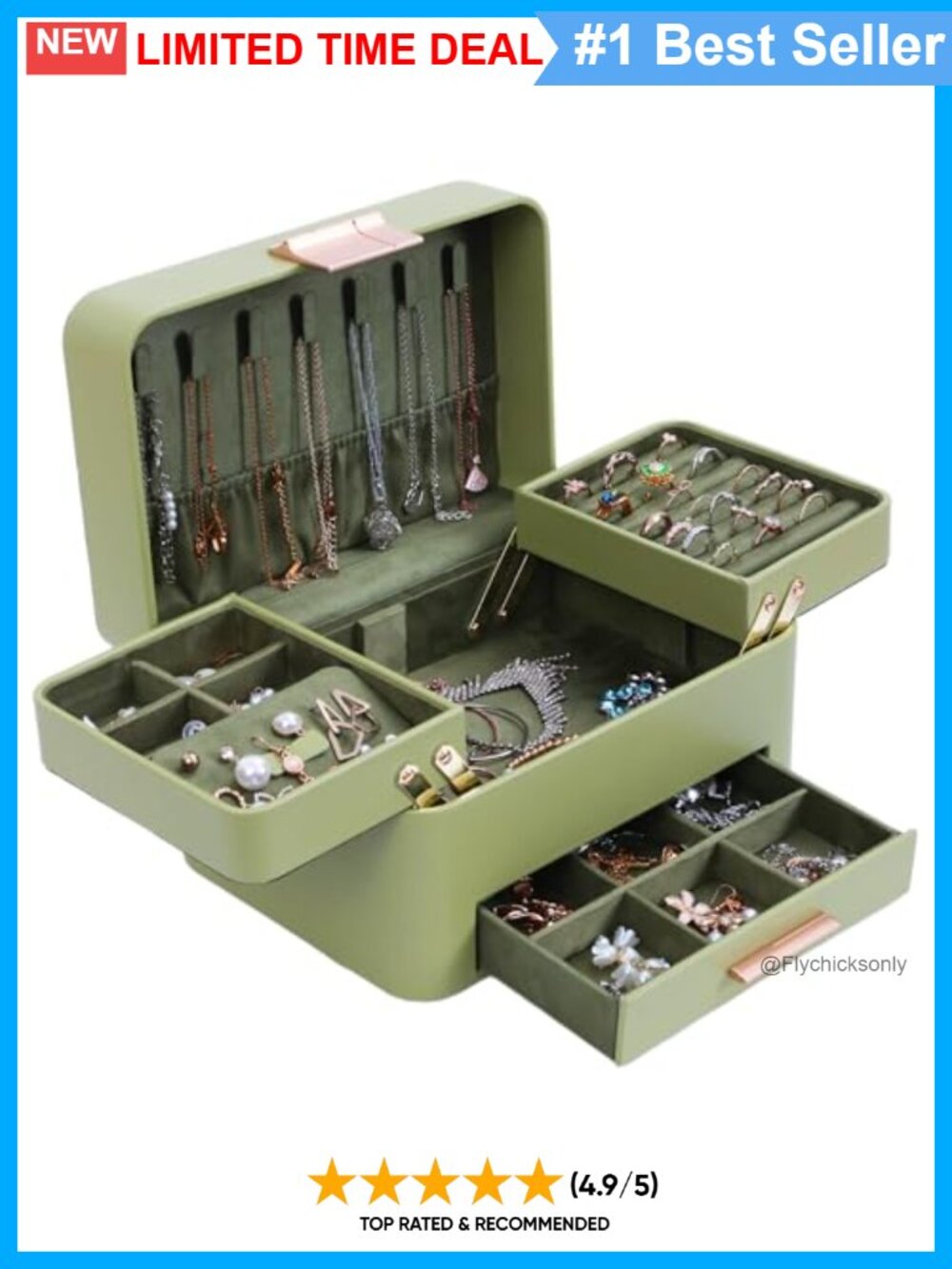 Large 3-Layer Jewelry Box Organizer Faux Leather Velvet Drawers